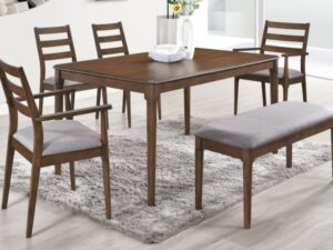 Orlando walnut oak dining table and 2 chairs,  2 carver chairs and a bench
