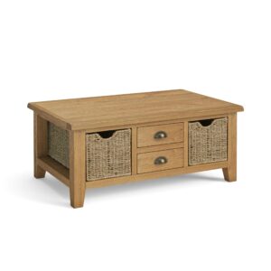 Burford oak large coffee table with baskets