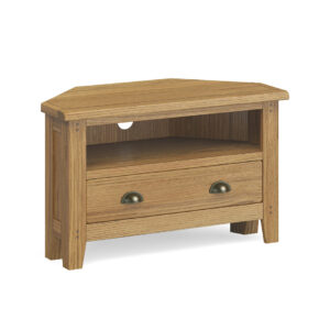 Burford oak corner TV unit with drawer
