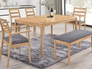 Orlando light oak dining table and 2 chairs,  2 carver chairs and a bench