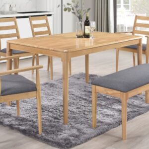 Orlando light oak dining table and 2 chairs,  2 carver chairs and a bench
