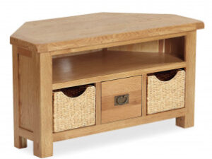Bergerac Oak  corner TV unit with baskets